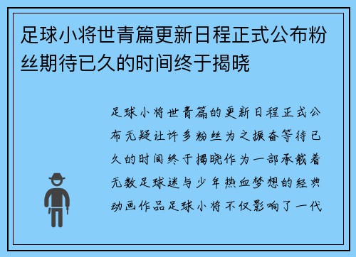 足球小将世青篇更新日程正式公布粉丝期待已久的时间终于揭晓
