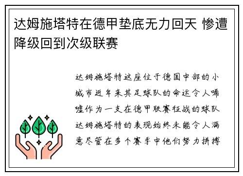 达姆施塔特在德甲垫底无力回天 惨遭降级回到次级联赛 达姆施塔特在德甲垫底无力回天 惨遭降级回到次级联赛